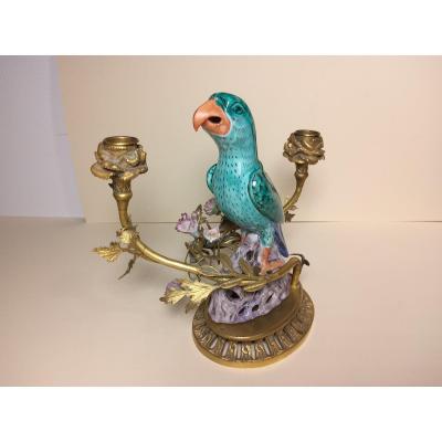 Candlestick 2 Lights Parrot Porcelain And Gilt Bronze Around 1900